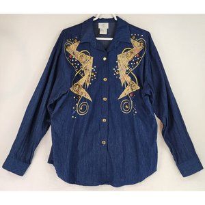 Info USA Jean Shirt Womens Large Blue Denim 90s Bejeweled Embroidered Button Up